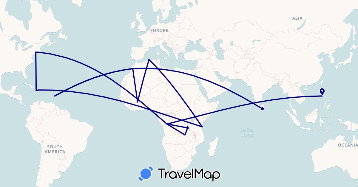 TravelMap itinerary: driving in Burkina Faso, Democratic Republic of the Congo, Algeria, Haiti, Sri Lanka, Morocco, Martinique, Philippines, Tanzania, United States (Africa, Asia, North America)